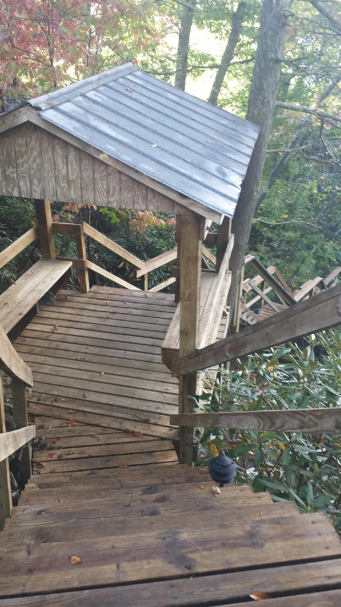 Metal roofed shelter over wooden steps on a wooded walkway — Skylight Repair & Installation work by our crew in De Ruyter
